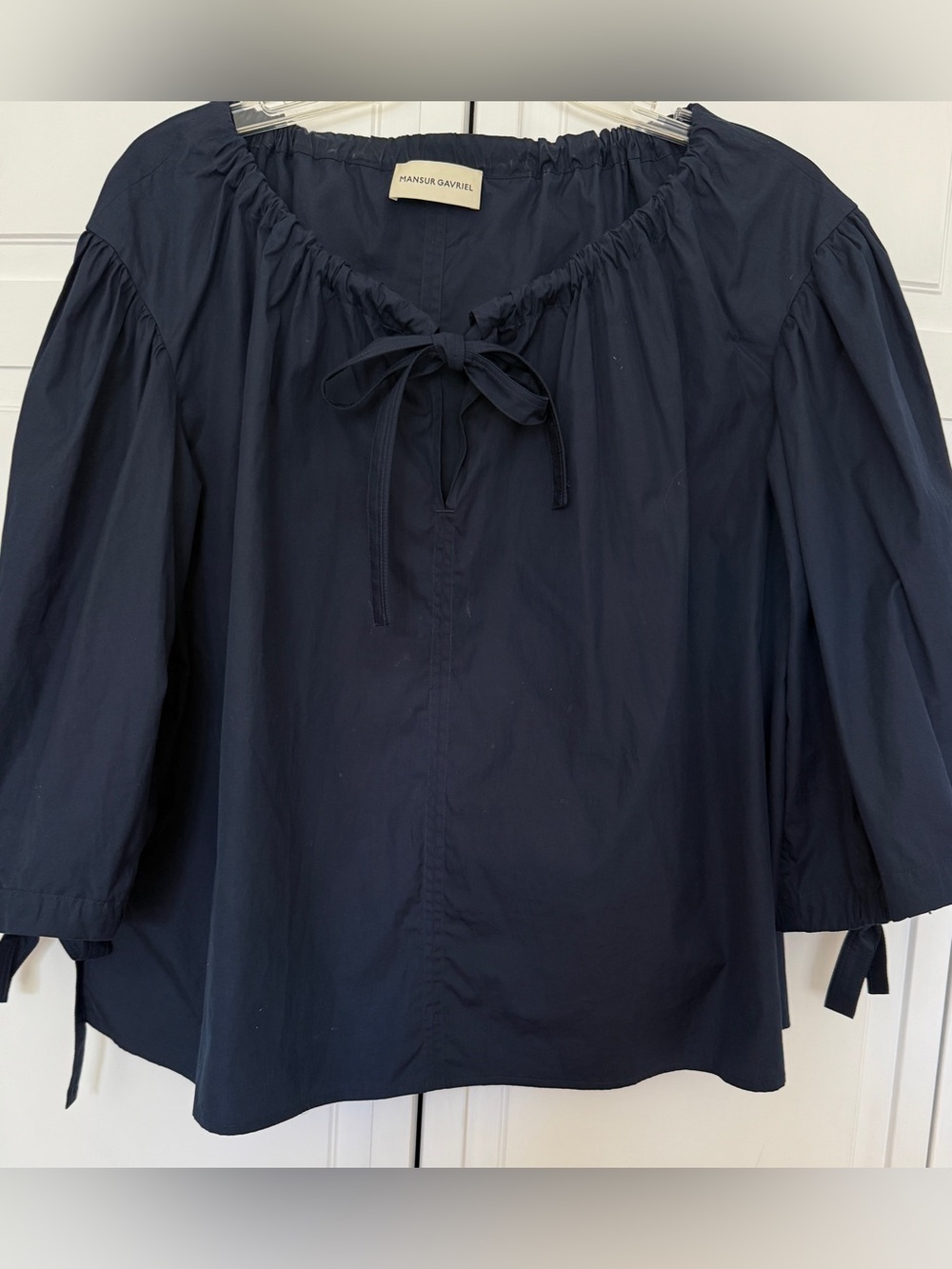 Mansur Gabriel Top-Made in Italy Beautiful Cotton Navy Tie-Front and Sleeve Sz L